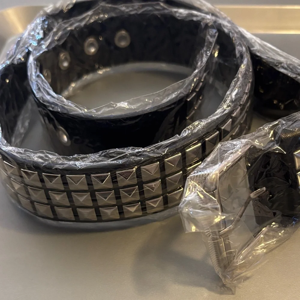 Black Pyramid-Stud Belt with Silver Hardware